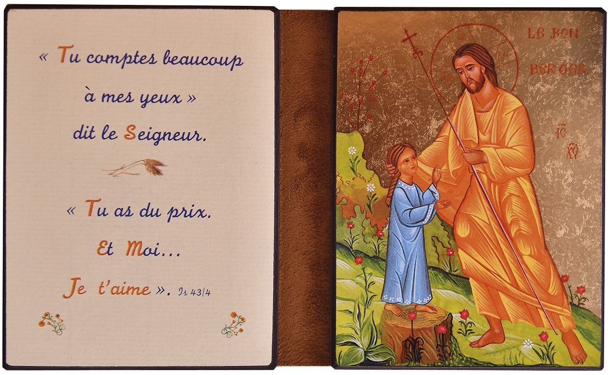 Diptyque icône Jésus Bon berger avec petite fille 21*13 cm