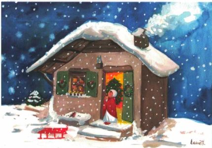 Carte de vœux : chaumière sous la neige