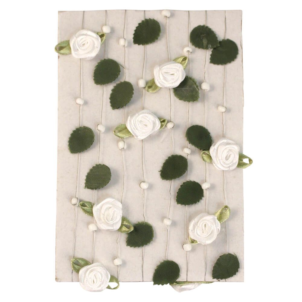Galon roses + perles + feuilles sur fil de fer