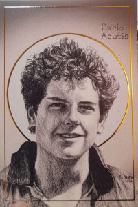 Carte postale en dorure de Carlo Acutis  + prière au verso