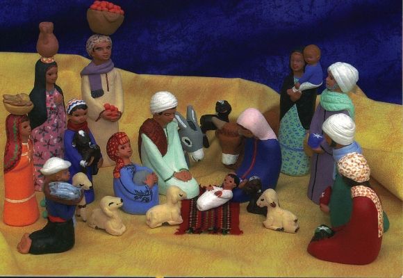 Carte de vœux chrétienne : Crèche multicolores