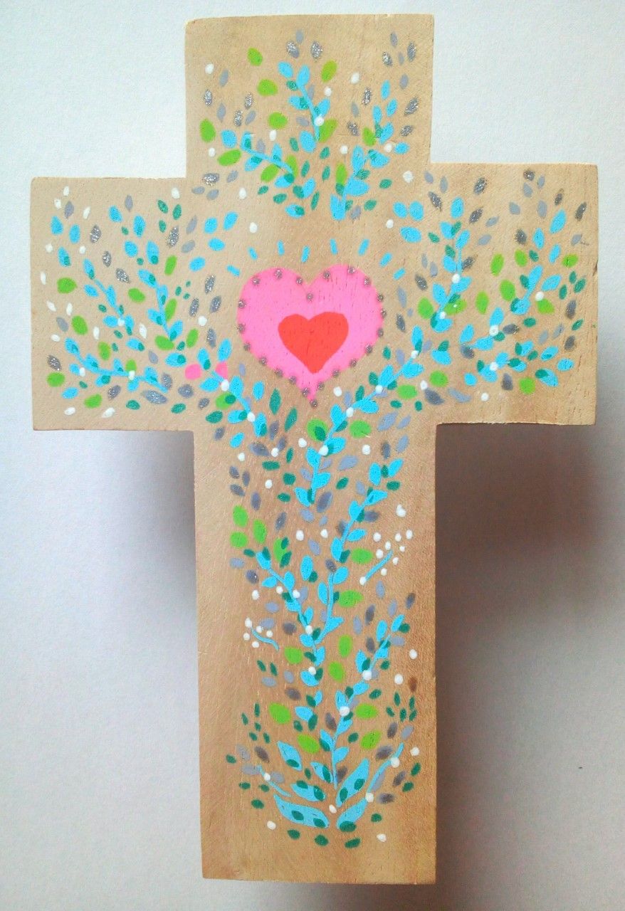 Croix double coeur rose