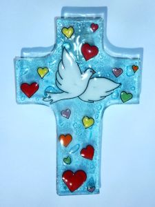 Croix de baptême colombe en verre