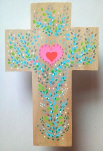 Croix double coeur rose