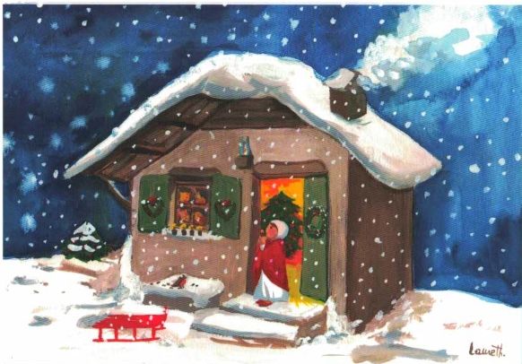 Carte de vœux : chaumière sous la neige