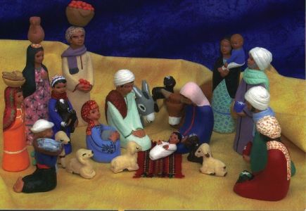 Carte de vœux chrétienne : Crèche multicolores