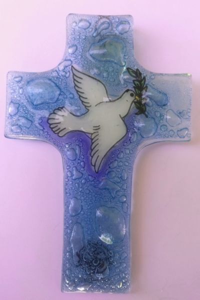 Croix de baptême colombe en verre